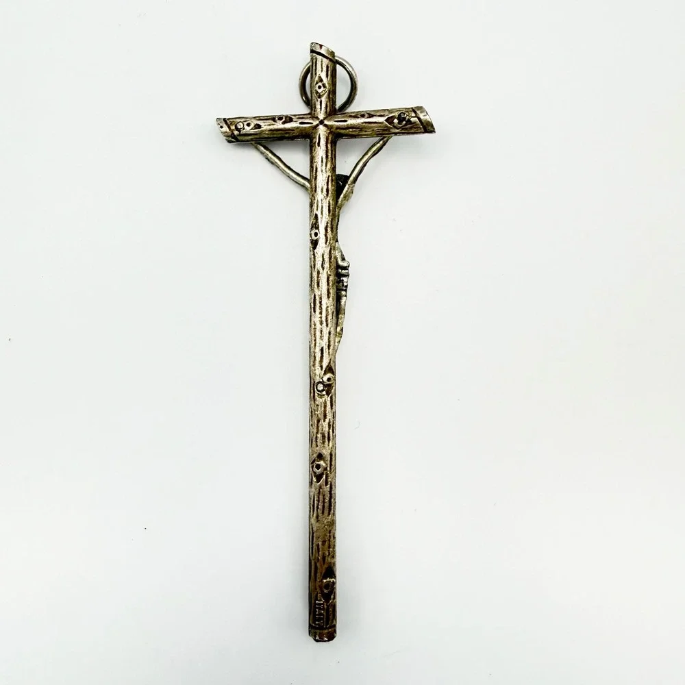 Vintage Italy Silver Tone Bark Large Jesus Crucifix Pendant INRI 4 Inch Goth